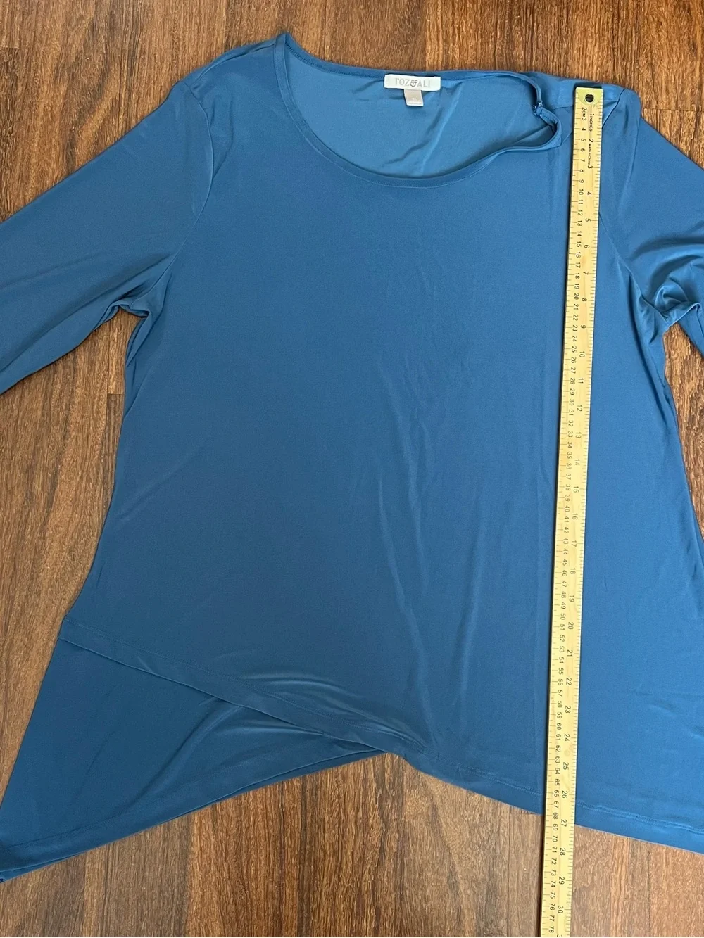 Roz & Ali Blue Tunic 3/4 Sleeve Asymmetrical Shark Bite Hem Women’s Blouse Sz XL